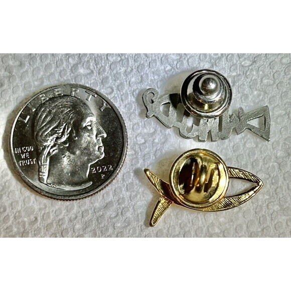 2 pin Lot - ICHTHUS Gold-tone Fish Pin and- WWJD Jesus Fish Silver tone Tie Tack - Picture 3 of 3
